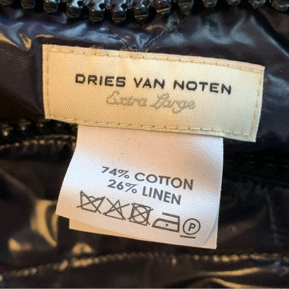DRIES VAN NOTEN Down Reversible Puffer Jacket XL Cotton Linen Navy Stripes NWT